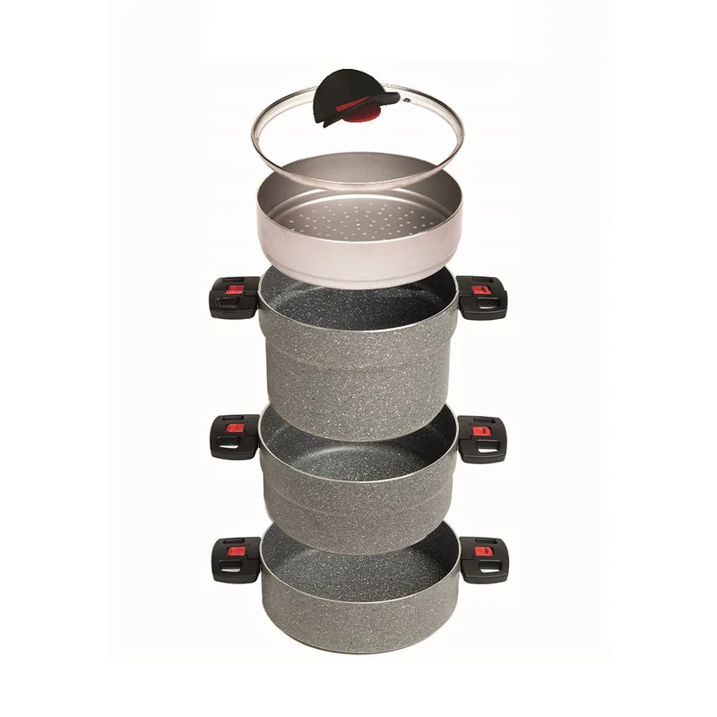 BALLARINI CLICK&COOK LE IMPILABILI – SET PENTOLE SALVASPAZIO 5 PZ GRANITIUM